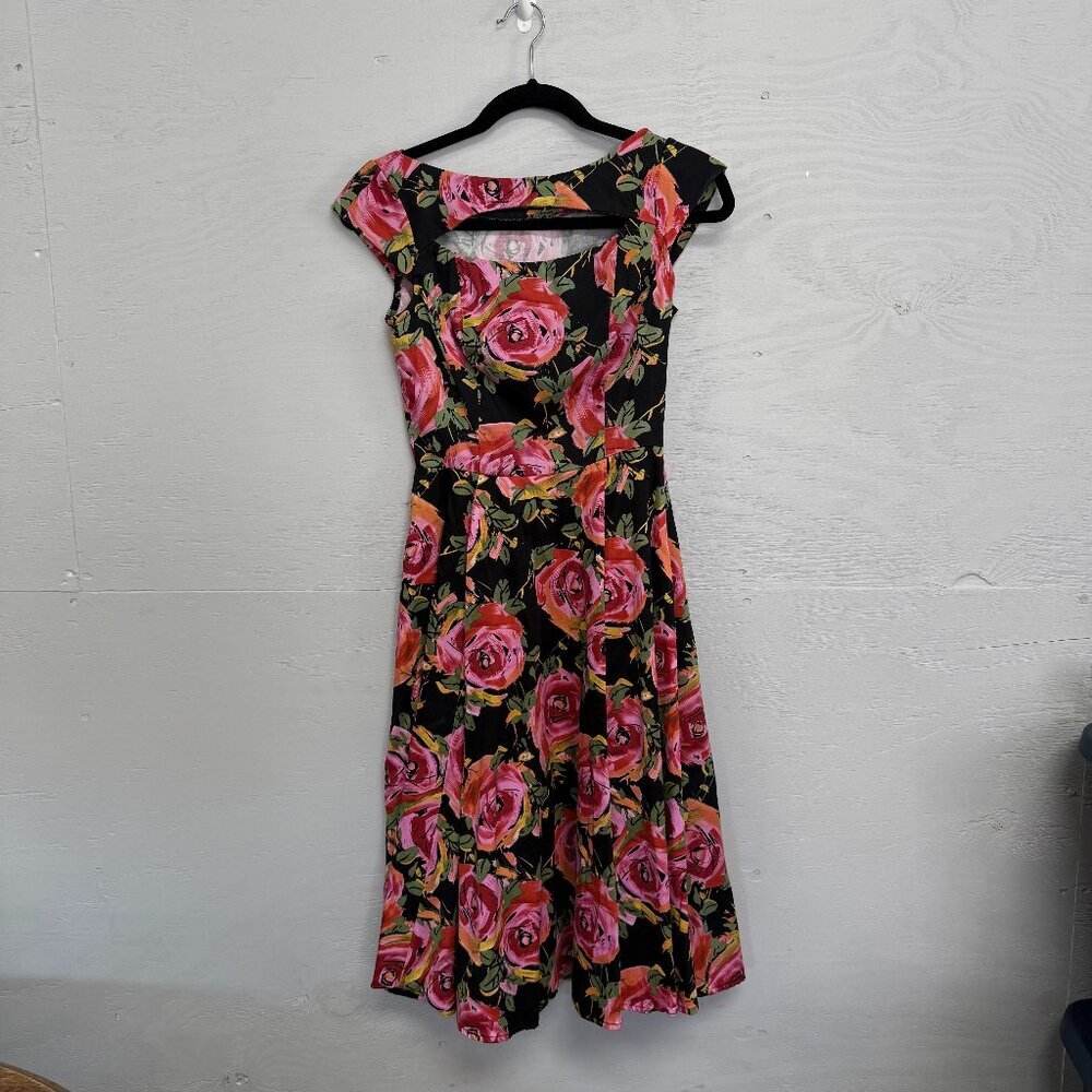 Hearts & Roses black & pink‎ floral dress with peek-a-boo neckline, Size 4
